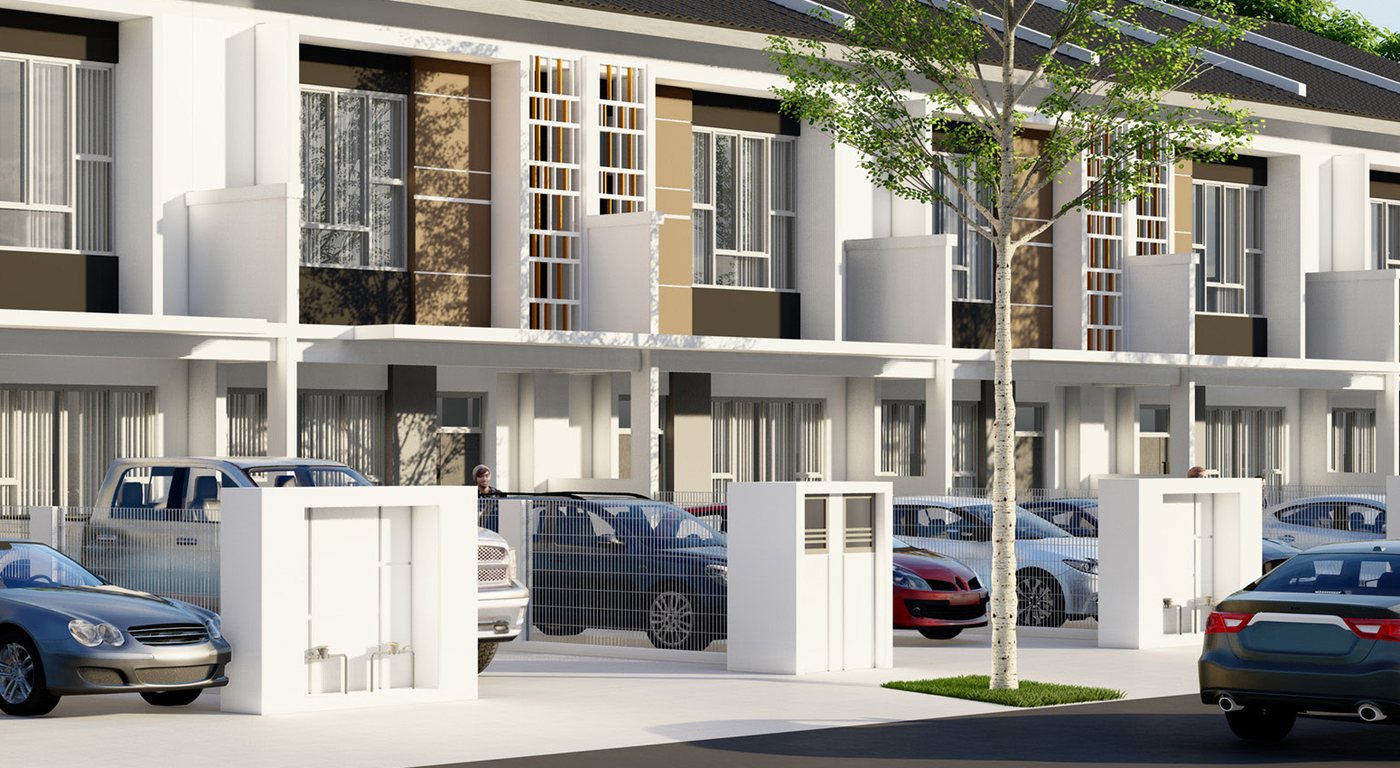 Porch rumah dengan dua kereta dan pagar automatik