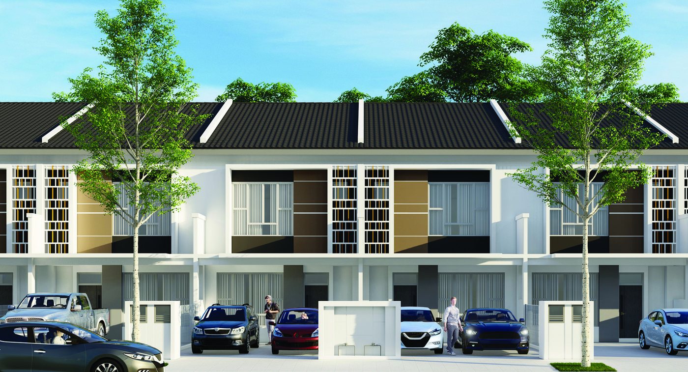 Deretan rumah teres dua tingkat dengan pokok di hadapan